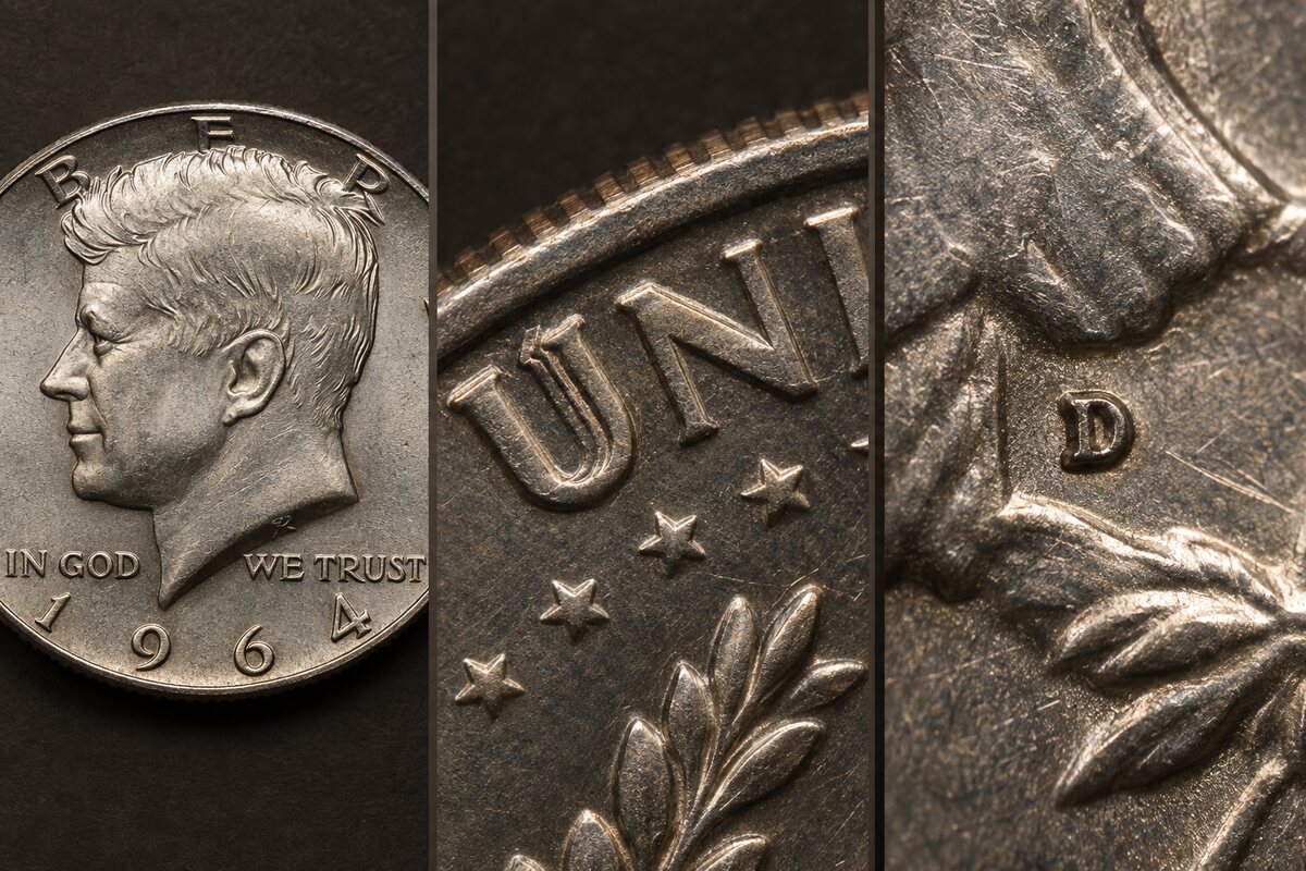 AI-generated illustrative close-ups of a Kennedy-style half dollar, coin lettering, and a mint mark area